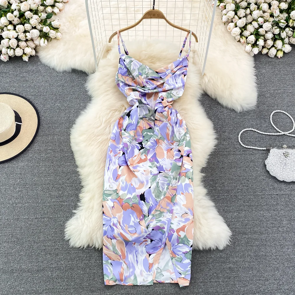 ANSZKTN ANSZKTN Summer Design Spaghetti Strap Floral Print Split Dress Women Sexy Dresses Vestidos