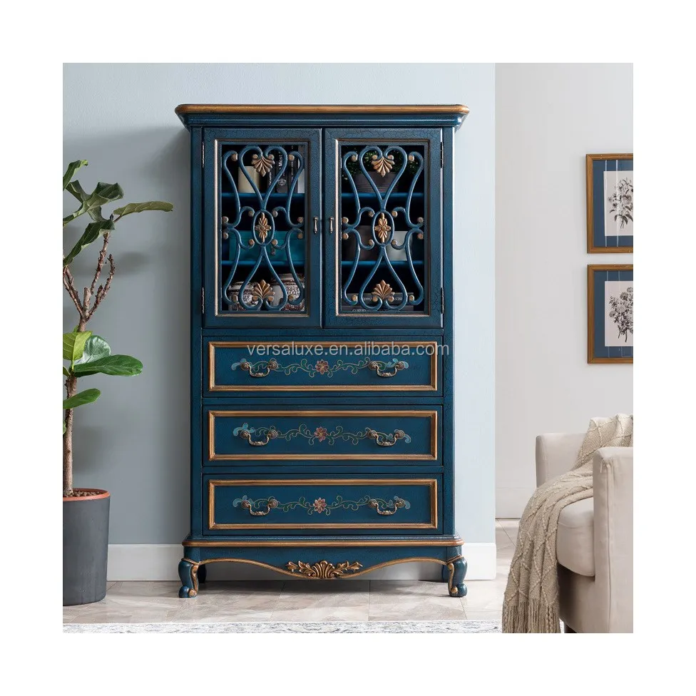 American classic solid wood cabinet retro blue hand-painted wine cabinet modern designs kitchen cabinets living room side hollow