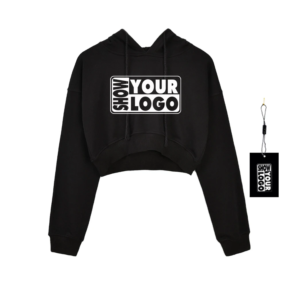Free Shipping Fashion Cotton Women Clothing Sexy Custom Street Wear Customs Logo Close Bottom Crop Top Hoodie with free hang tag