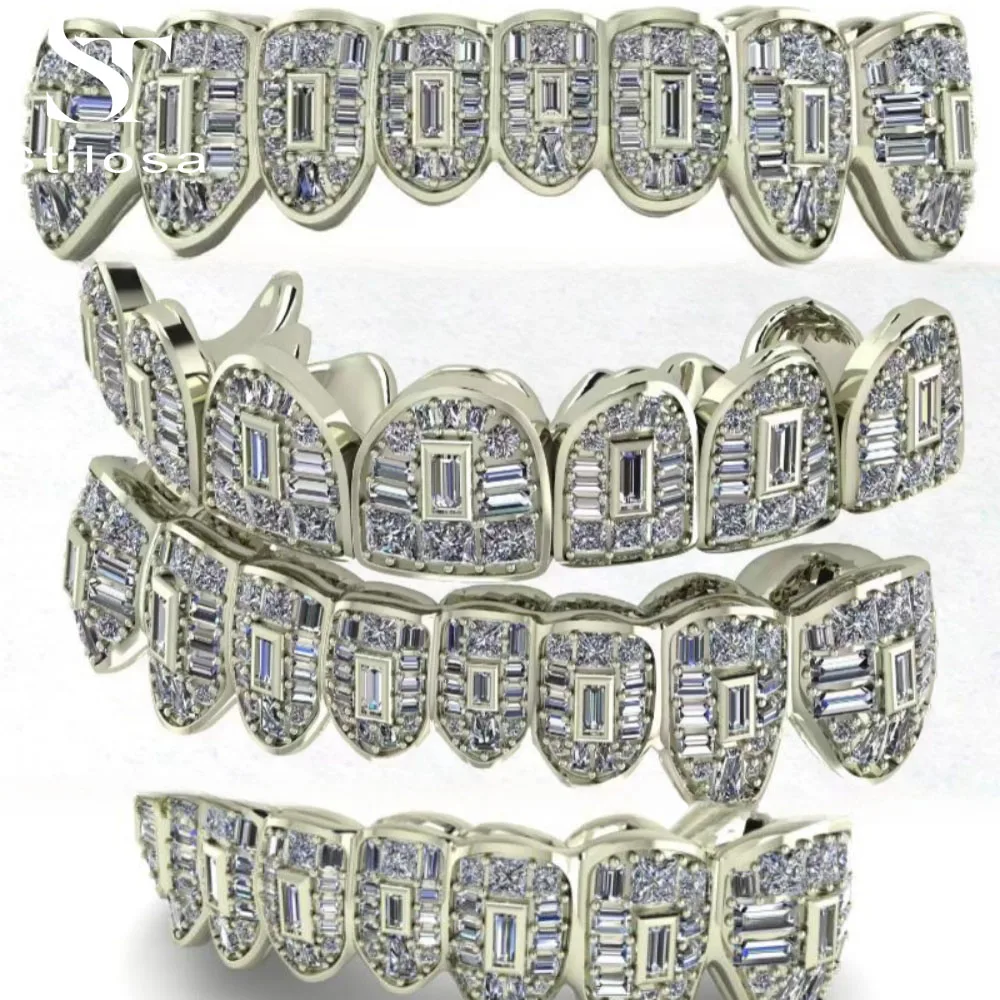Customized VVS Diamond Grill Top or Bottom 10K 14K 18K Gold Princess Cut Invisible Setting Ice Out Silicone moissanite Grillz