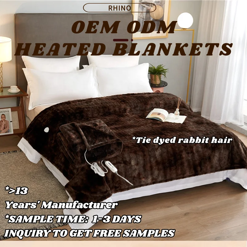 2024 chunky heavy tie dye rabbit hair mink fleece warm bed Washable Electric over under Throw Heating Heated Blanket for winter