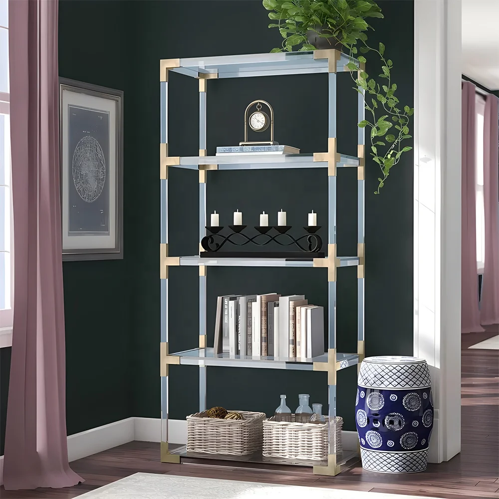 Modern gold transparent bookcases decorative metal ladder nordic modern bookshelf clear acrylic luxury display shelf