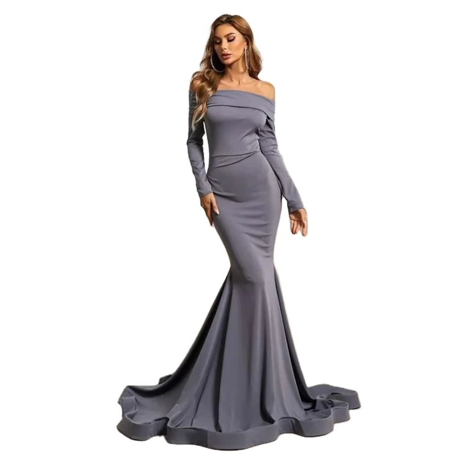 High quality  Plain modest backless elegent long sleeve prom dresses