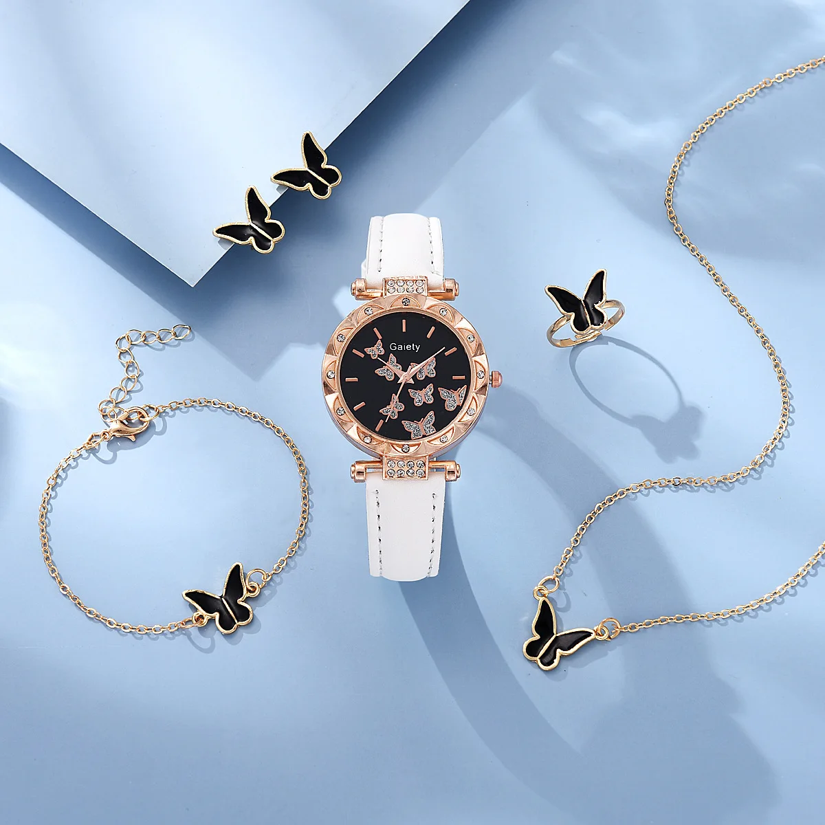 Beautiful Flower Dial Diamond Watch Women Leather Band Girls Watches & 5pcs Butterfly Necklace Earring Jewelry Set