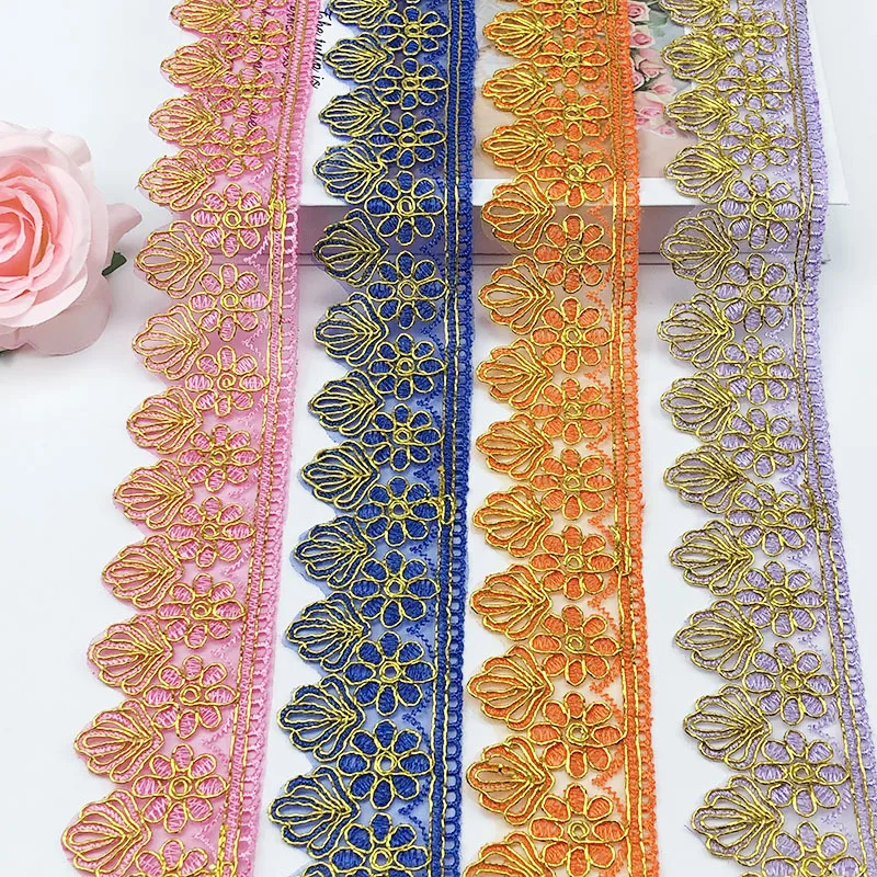 Hot Sale Gold Thread Organza Lace Trim Many Colors Luxury Embroidery Gold Lace Trim For Wedding
