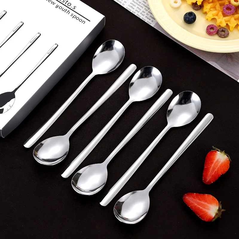 Stainless Steel Korean Style Small round Spoon Coffee Milk Tea Stir Small Spoon Ice Cream Dessert Spoon Long Handle Golden