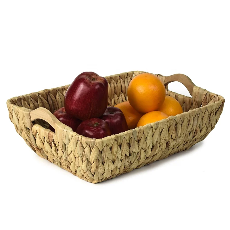 Water Hyacinth Storage Baskets Rectangular with Wooden Handles for Shelves