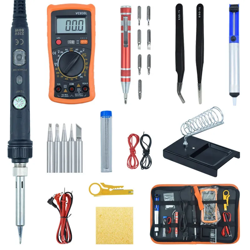 Digital Display Multimeter 60W Adjustable Temperature Electric Soldering Iron Kits Solder Tips Set