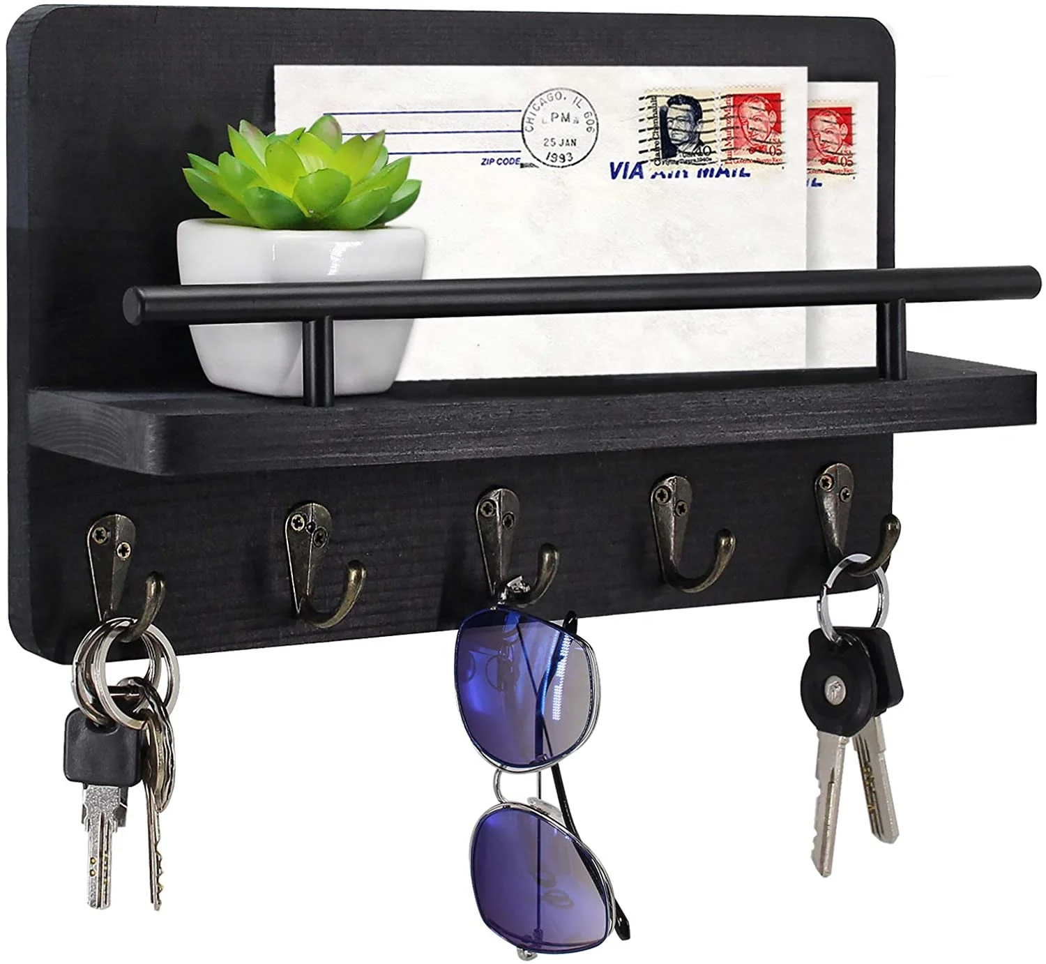 Key Holder and Mail Shelf Wall Mounted, Decorative Wooden Mail Organizer with Shelf, Wood Hanging Mail Sorter with 5 Key Hooks