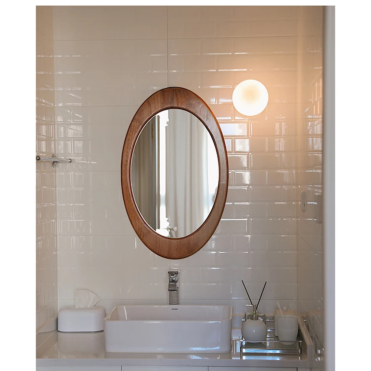 Retro-style Bust Oval Duck Egg Mirror Wall-mounted Bathroom Solid Wood Frame Mirror