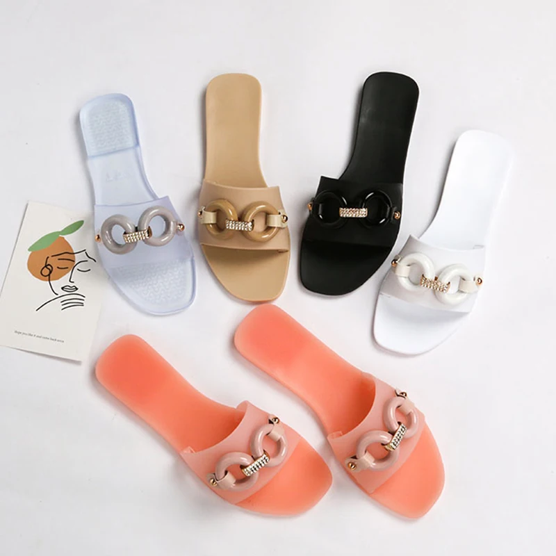 Jelly Shoes Causal Ladies Transparent Flat Shoes Slippers Rubber Slide Crystal Sandals For Women