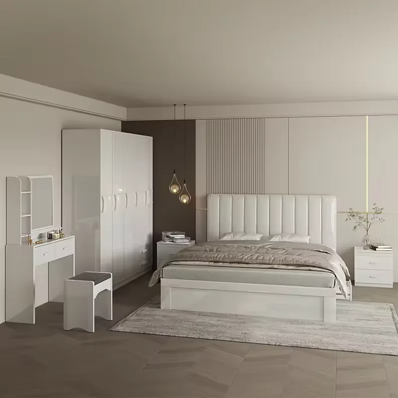 High quality Yifan 1.8 M large bed set furniture with wardrobe dresser bedside table modern cream style MDF bedroom set