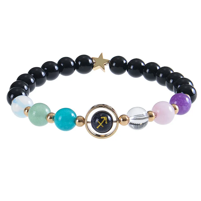 Unisex 12 Zodiac Sign Bracelet with Obsidian Pentagram Trendy Vintage Ball Charm for Gifts