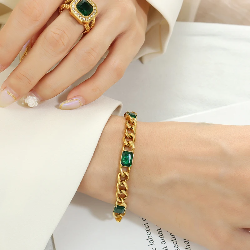 Wholesale Hip Hop Cuban Coarse Chain Green Glass Stone Pendant Necklace Bracelet Jewelry Sets