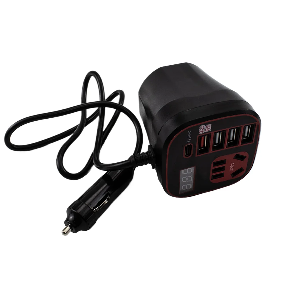 Fast charging digital display Qc3.0 USB port miniature 150 Watt car charger 8 ports multi-function  power inverter with cable