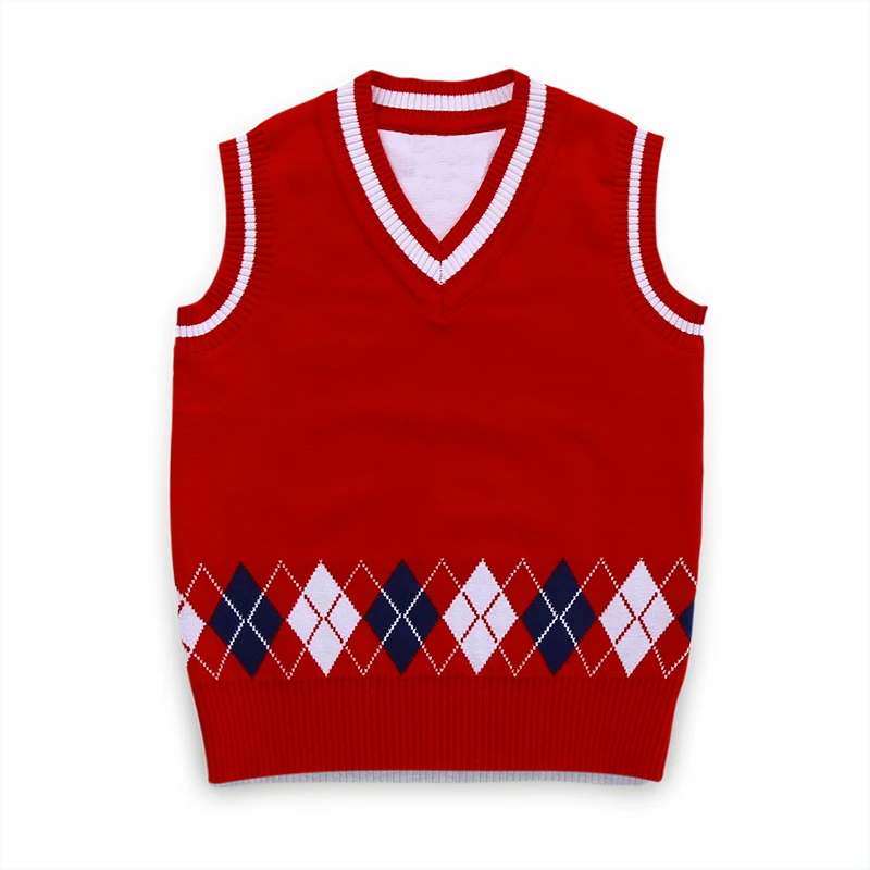 
ODM OEM Customized Kids School Uniform Knit Sleeveless V Neck Vintage Argyle Sweater Vest From China Factory 