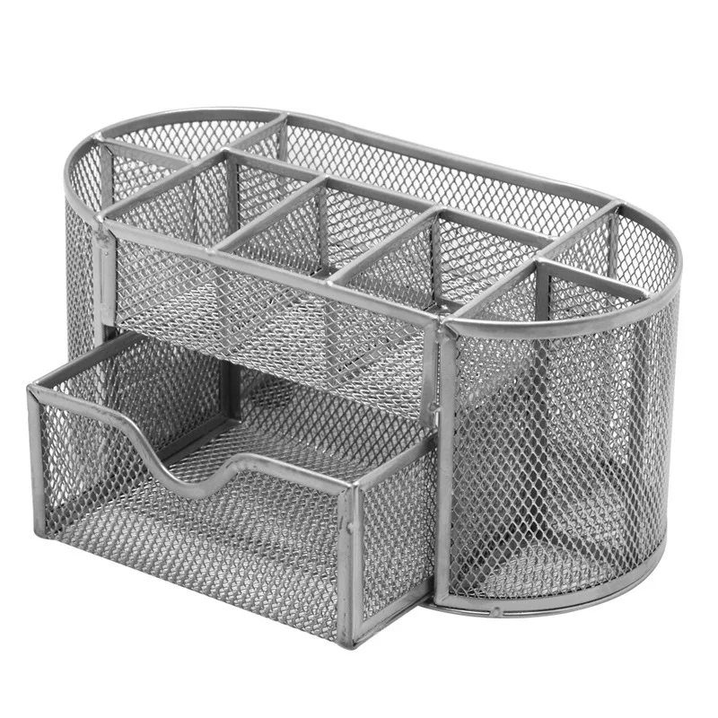 Metal Pen Stand Pencil Holder Mesh Organizer Desktop Organiser Storage with Removable Drawer