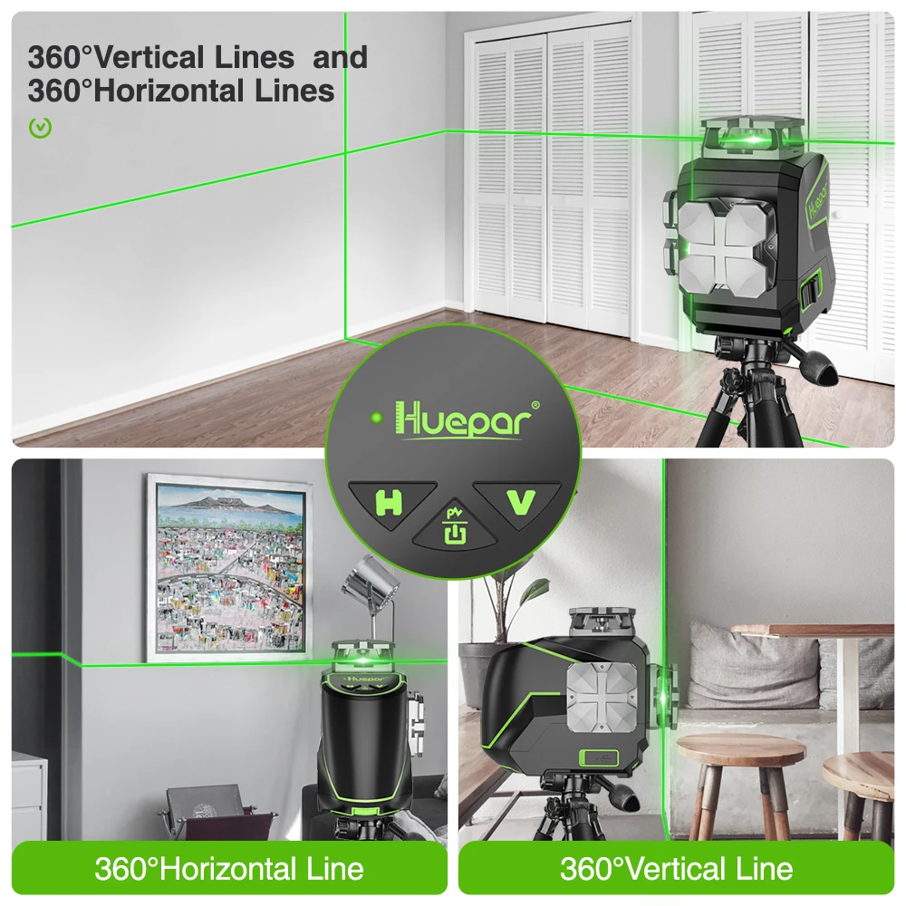 Лазерный уровень Huepar S02CG зеленого цвета 8 линий 360 градусов поворотный автоматический Выравнивающий сертификат внутренний режим в паре со штативом