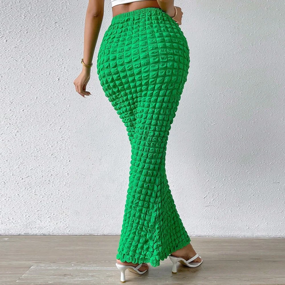 Sexy Popcorn Slim Long Skirt Women High Waist Solid Green Pencil Skirts 2023 Fall Elegant Bubble Grunge Clothing Bodycon Skirt