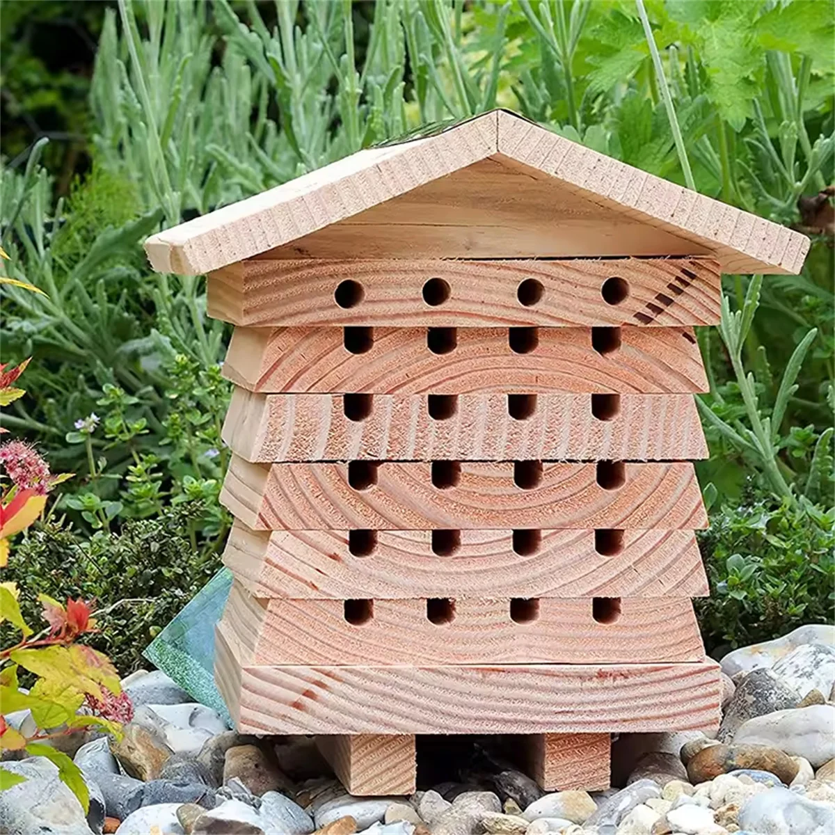 WILDMX Decorative Garden Backyard Hanging Wooden Bee House Bee Hive House Attraction Insect Hotels