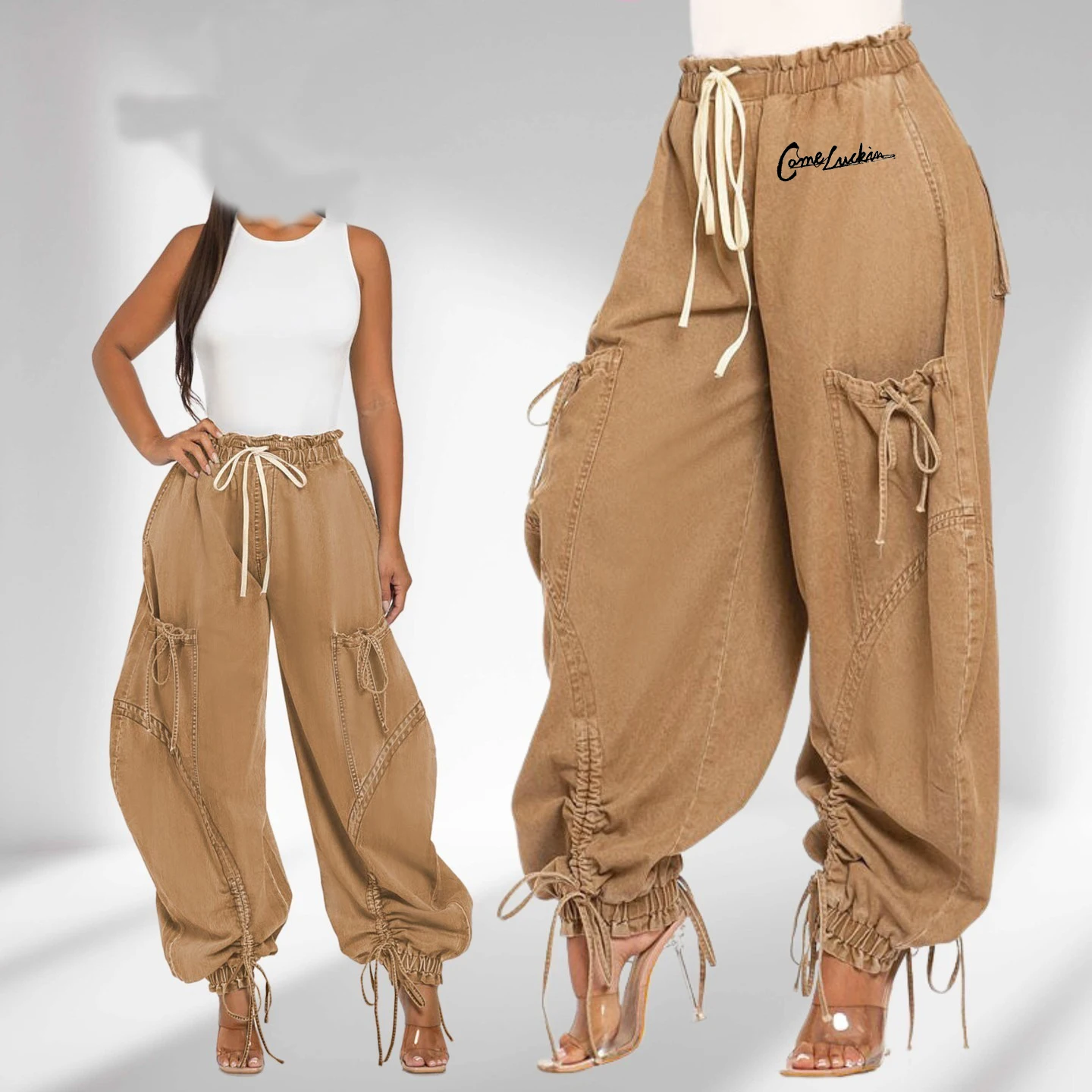 Custom Logo elastic waist drawstring binding leg denim jeans pants women loose jeans