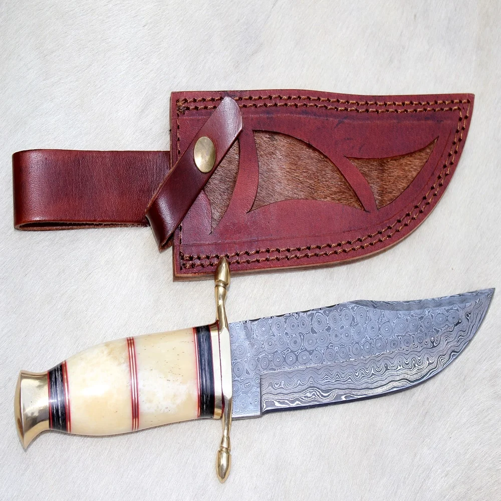 Дамасская сталь дождь падение шаблон охотничий Боуи нож с ручкой кости и латунной прокладкой (U323)