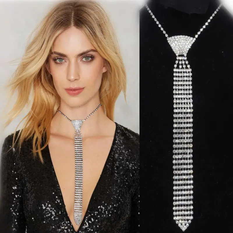 Fashion Luxury Sparkling Crystal Diamond Necktie Long Choker Chain Rhinestone Tie Necklace For Party Model Show