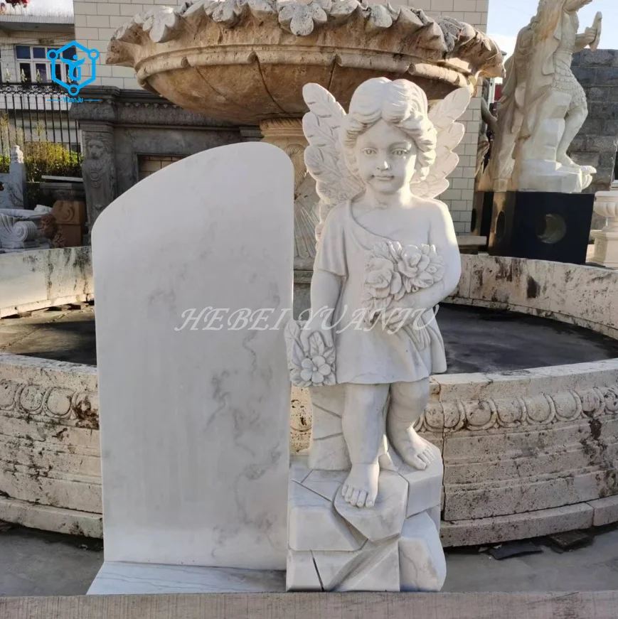 Natural white marble sculpture tombstone with standing angel statue