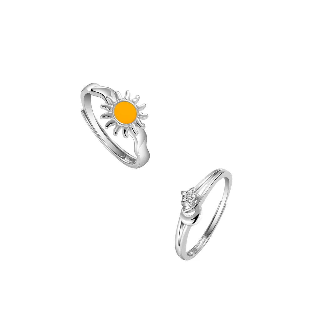 Sun Moon and Stars Couple Open Ring Pair 925 Sterling Silver Light Luxury INS Pair Ring Perfect Gift for Girlfriend