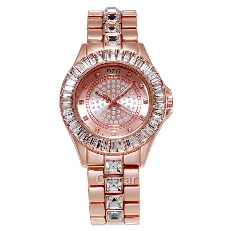 
DZG Top Grade Temperament Style Drill With Ferrule Alloy Watch Round Diamond Alloy Belt Table Quartz Watch Wholesale 