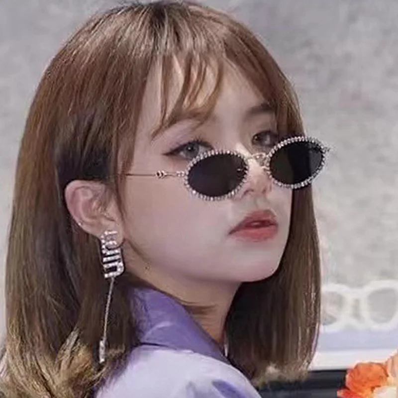 Full Diamond Oval Frame Sunglasses Spice Girls Photo Concave Shape Glasses With Diamond Sunglasses For Women