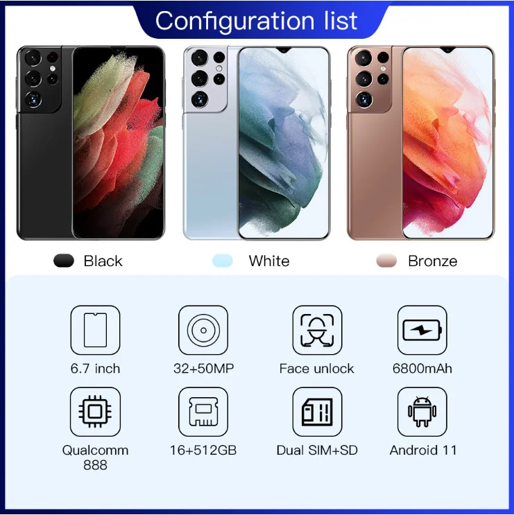 2022 New S21+Ultra 16+512GB Rom 5G Android smartphone Gaming with dual sim card MTK6899 mobile phones