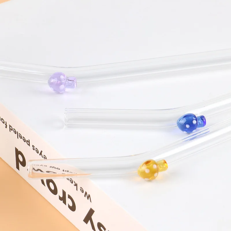 DD3384  Decorative Glass Straw with Design 3D Clear Agaric Transparent Cup Straws Bent Juice Beverage Mushroom Drink Straws