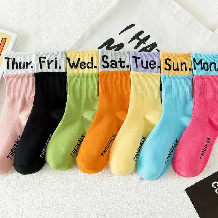 2020 new design candy color cotton socks week letter fashion cool socks crew socks customize