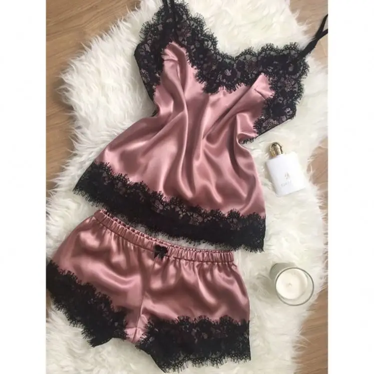 S9034 Hot Woman Sleepwear Spaghetti Strap Satin Silk Two Piece Nightwear Chemise Femme Cami Short Lace Pajamas Set