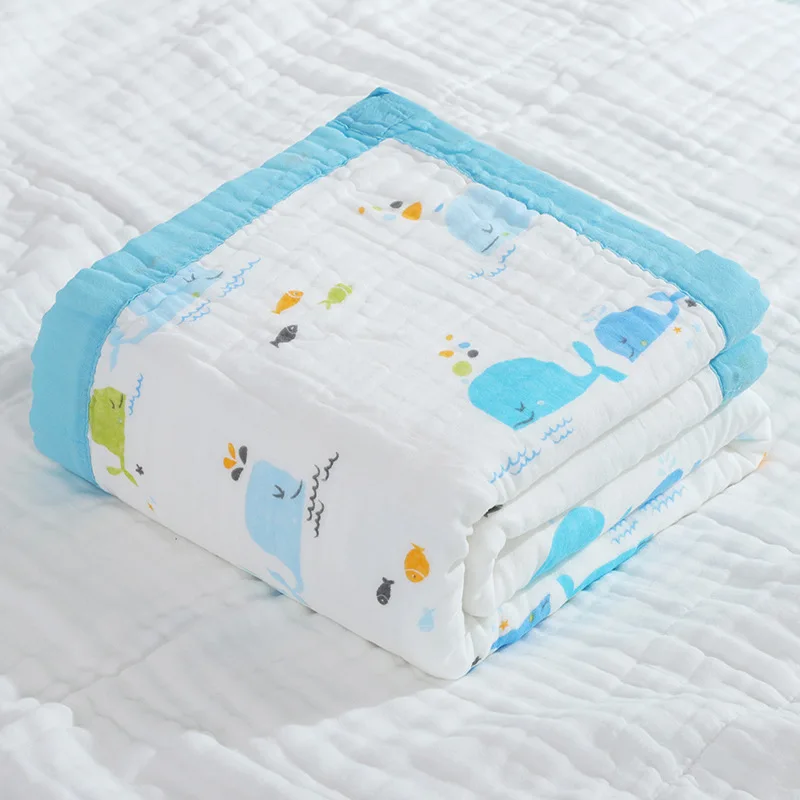 stock 110*110 cm 350 g/pc baby 6 layers muslin newborn quilt infant 100% cotton fabric swaddle blankets with colored border