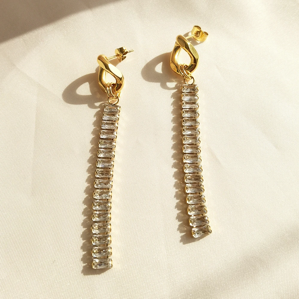 Iviapro New Arrival Luxury Clear Statement Party Cubic Zircon Long Stainless Steel Earrings Waterproof Jewelry