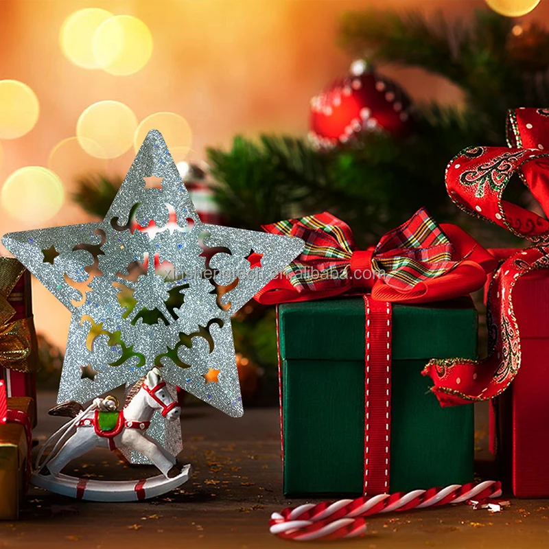 Factory Wholesale Directly 3D Glittered Gold Silver Christmas Star Tree Topper LED Lighting with Rotating Snowflake Projector