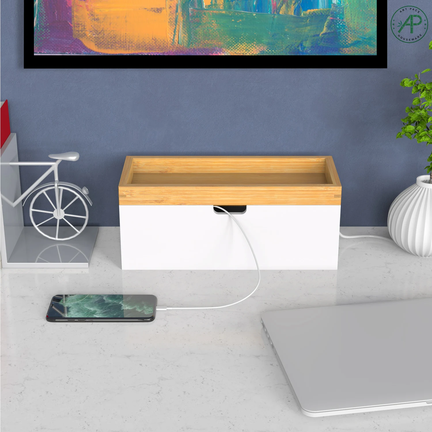 Factory Supply Large Natural Bamboo White Cable Organizer Storage Management Box to Store Chargers Power Strips Cables