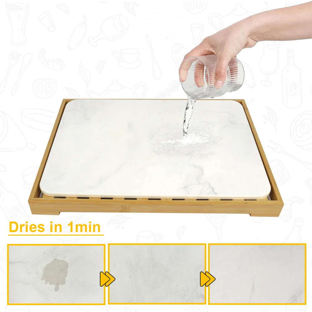New Diatomite Quick Dish Drying Rack Absorbent Mat Tray Stone Dish Drying Mats with Bamboo Rack Dish Pad for Kitchen Counter