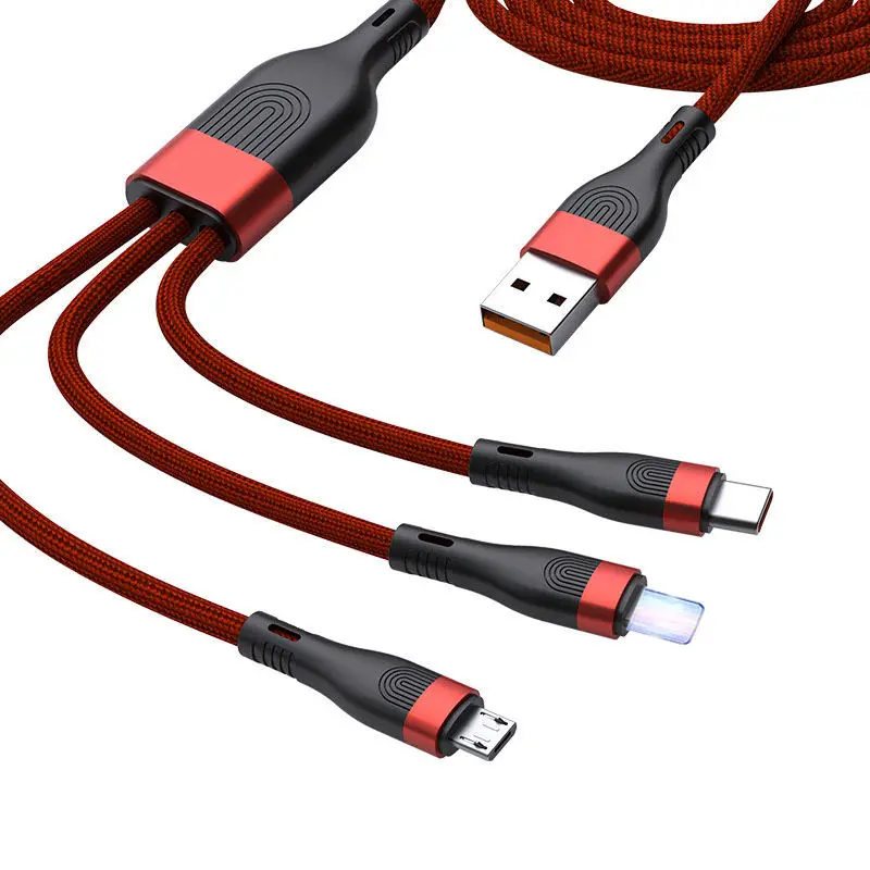 Travel Is Convenient Nylon Braided 6a High Current Fast Charging Multi Function Micro Usb Cable 3 In 1 For Mobile Phone