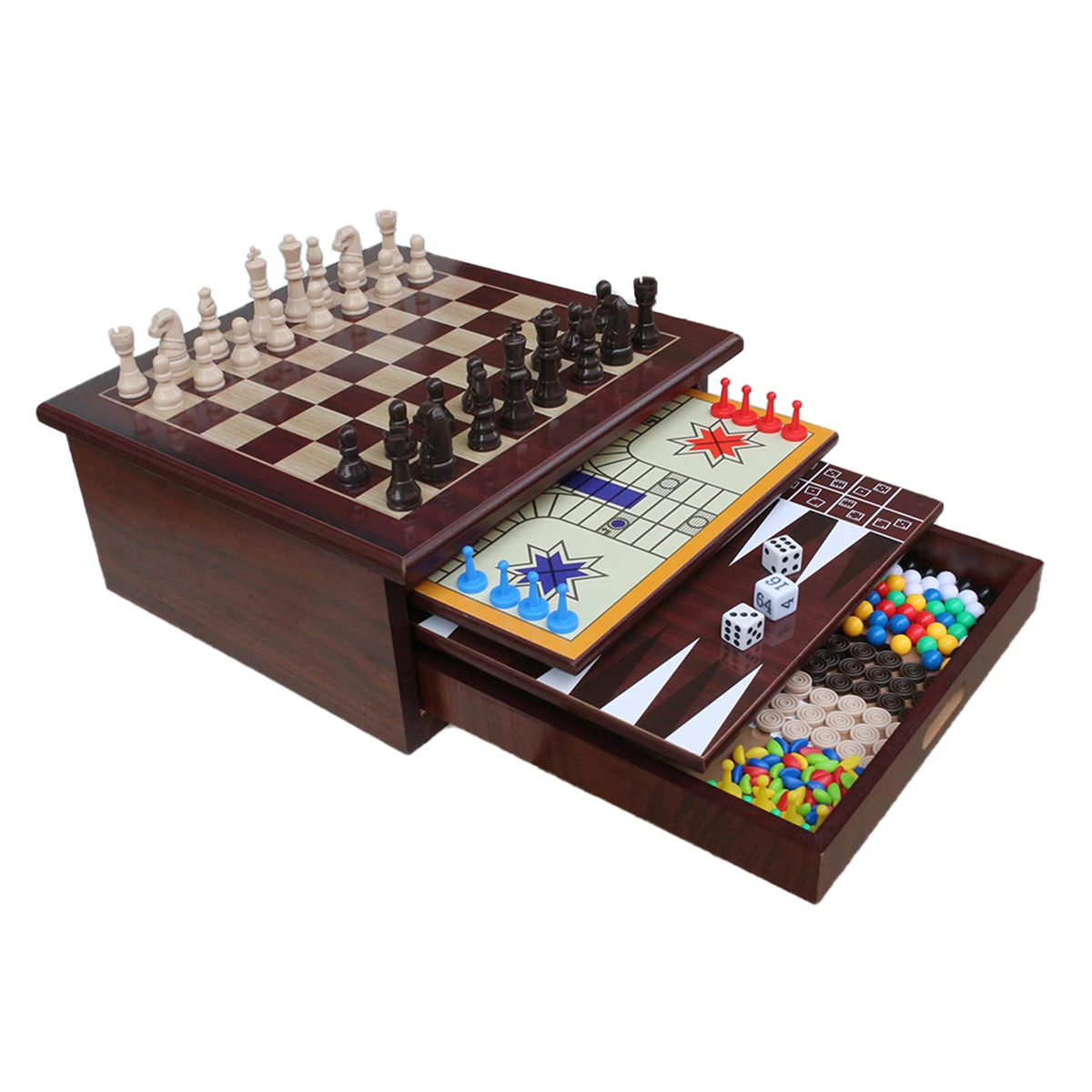 Board Game Set Deluxe 10 in 1 Tabletop Wood accented Game Center with Storage Drawer Checkers Chess Chinese Checkers