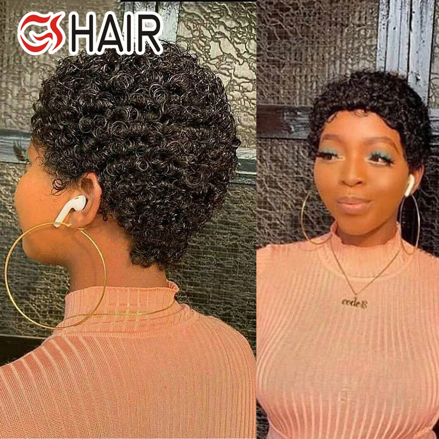 Free Shipping 100% Remy Raw Indian Hair Short Pixie Curly Human Hair Wig Bob Wigs 8 Inch Full Machine Made Pixie Wig