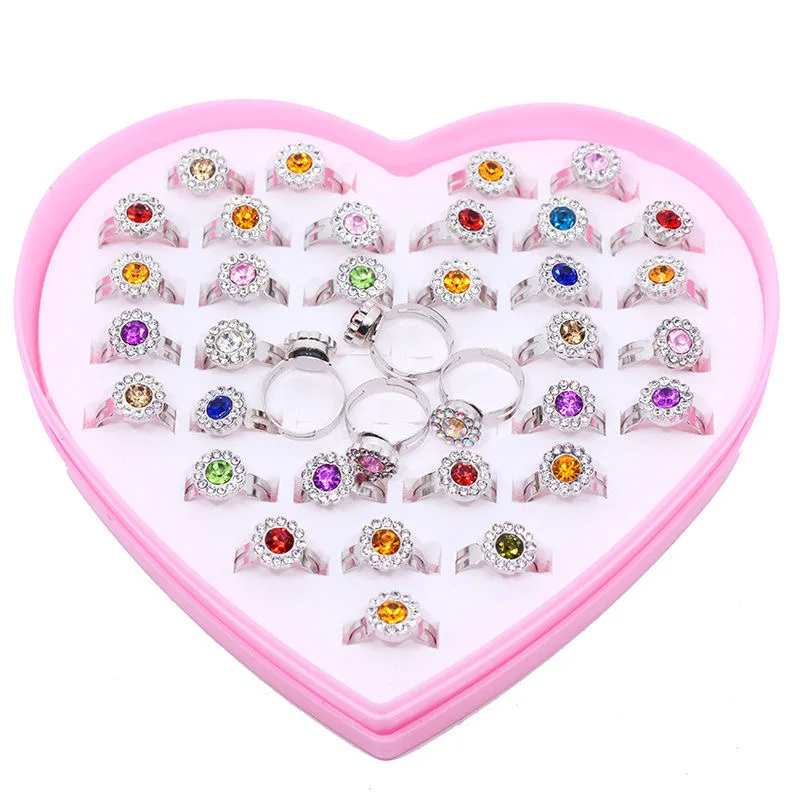Plastic Cute Cartoon Gift Round Flower Rings for Girls Children Jewelry Crystal Zircon Ring for Kids Gift