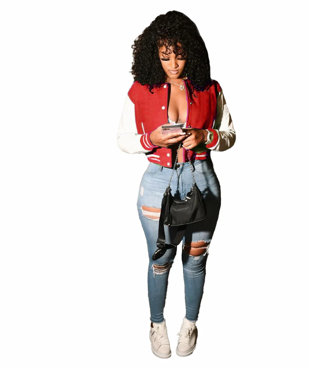 Custom Wholesale Women Fashion Long Sleeve Blank Varsity Baseball Jackets Breasted Crop Top Varsity Women Jacket