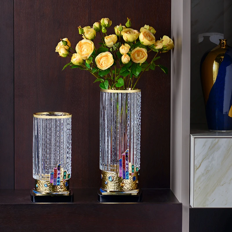 SANLOREN wholesale home decoration modern luxury creative decorative enamel Happy Time small glass crystal tabletop desk vase