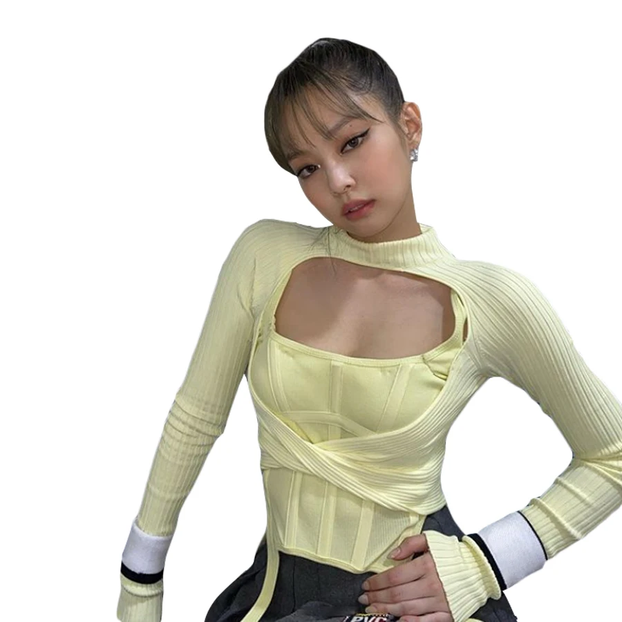 K20S09394 2021 Cut Out Hole Bow Tie T-shirts For Women Fashion Streetwear Cotton Sexy Slim Long Sleeve Solid Color Tshirt