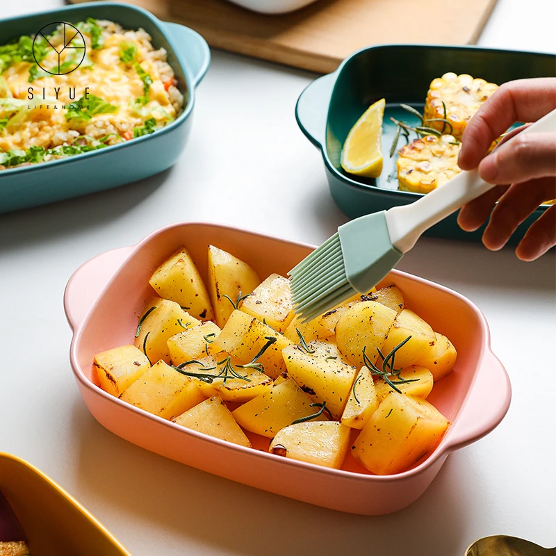 Nordic Handle Oven Porcelain Ceramic Bakeware Baking Plate Dishes & Pans Rectangle With Heat-Resistant For Cake Dinner 1436