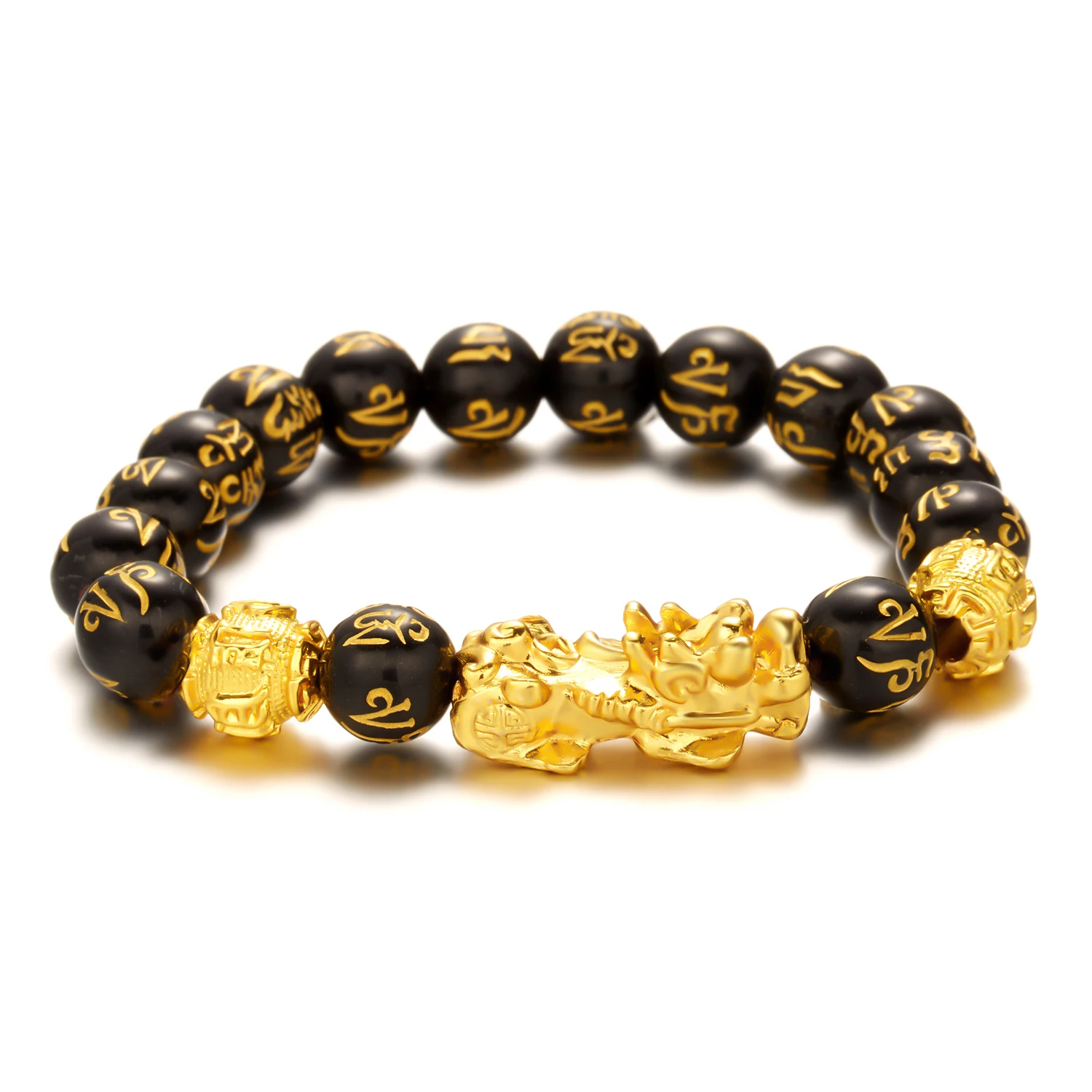 Fashion Golden Pixiu Six-character Mantra Buddhist Bead Bracelet Crystal Evil Lucky Pixiu Feng Shui Bracelet
