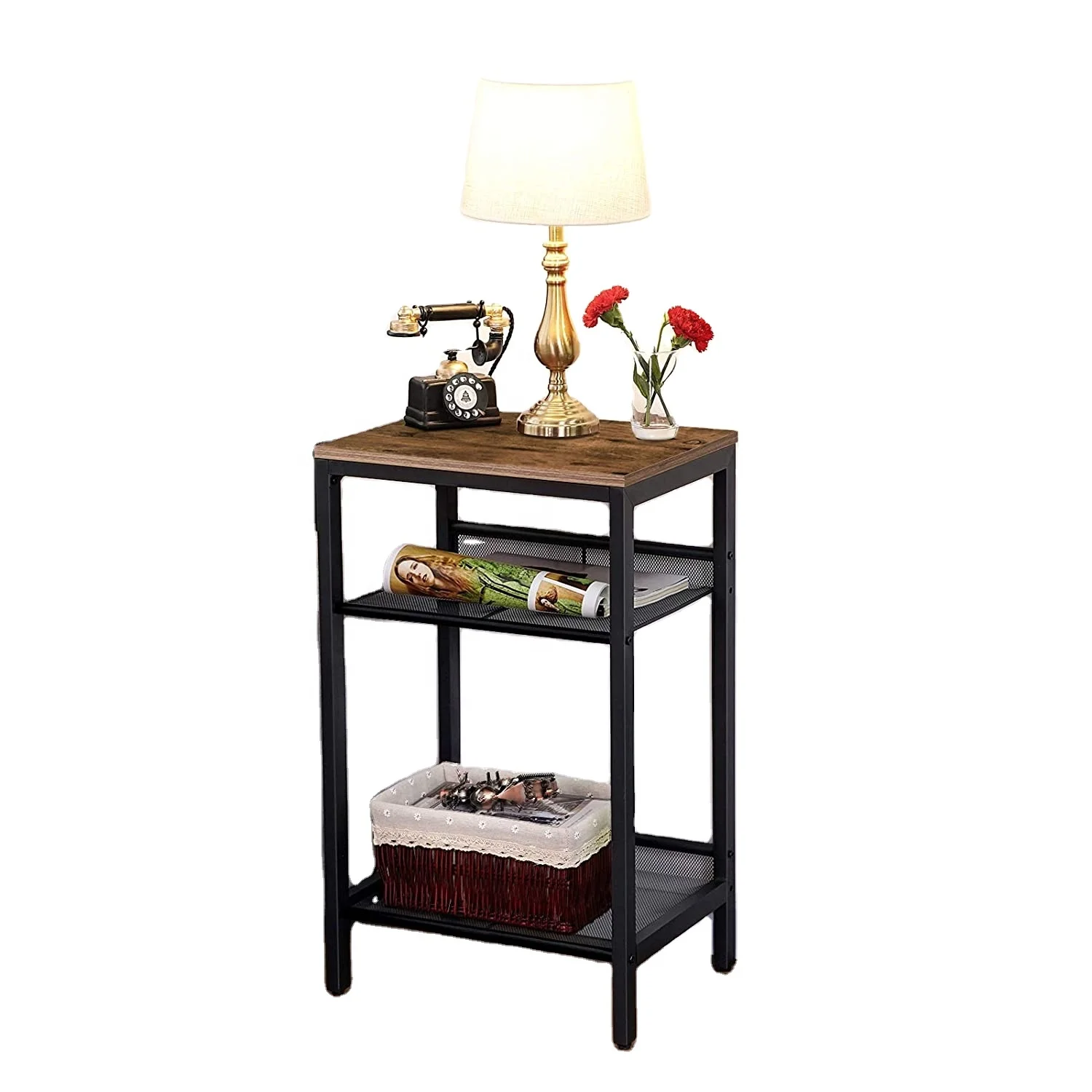 Wooden Side Table Industrial style End Telephone Table with Adjustable Mesh Shelves